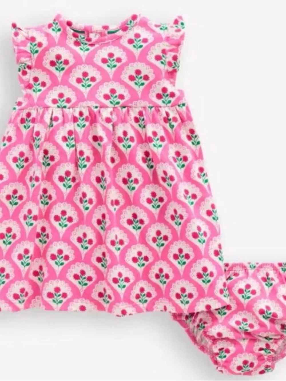 Baby Boden Frill Sleeve Dress Pink Rose Woodblock Floral